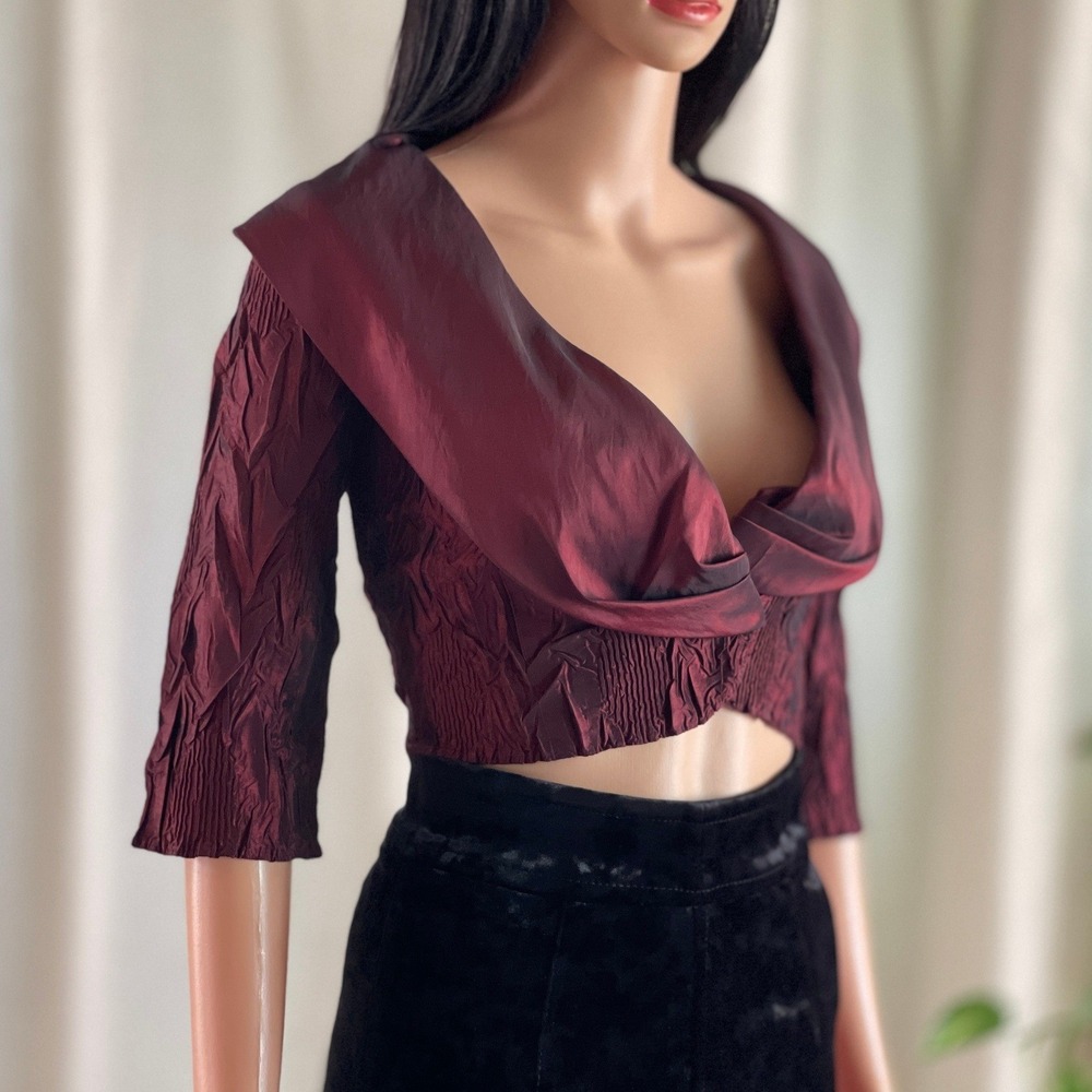Vintage 90s Burgundy Crinkle Portrait Collar Evening‎ Top Vampire Dark Romance S